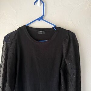 Tahari Black Small Ribbed Knit‎ Top Sheer Dotted Mesh Sleeve Blouse Coquette